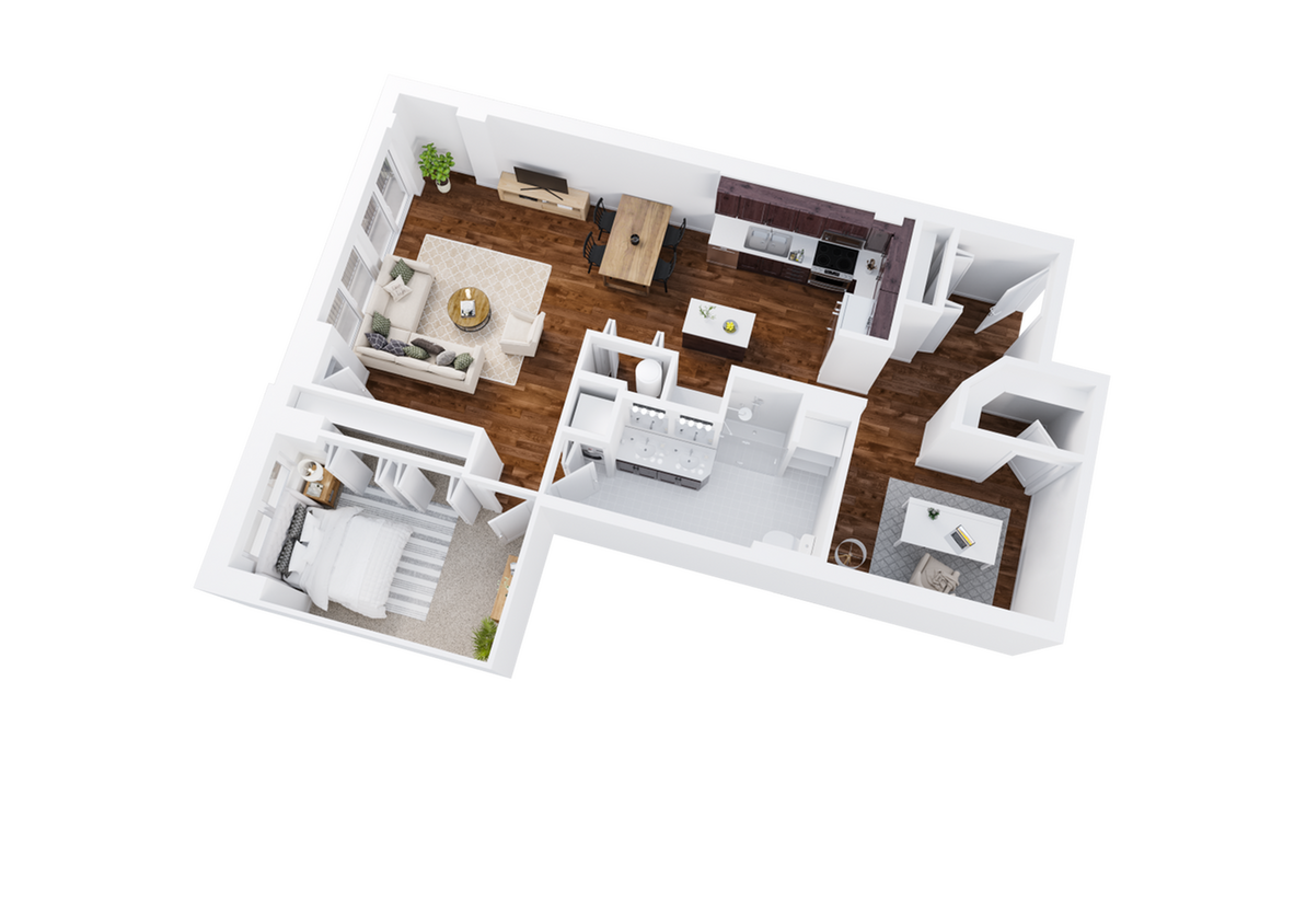 One-Bedroom, One-Bathroom Floor Plan Rendering with Den - 1x1 Den