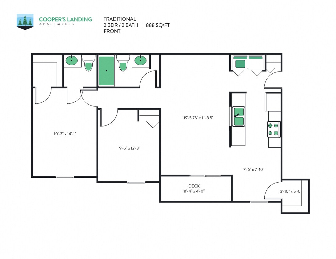 Floor Plan - 2 Bed, 1.5 Bath - 888 sq ft