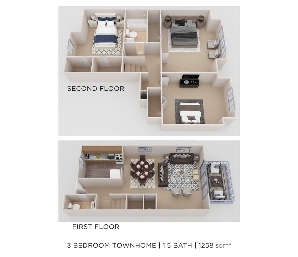 Floor Plan - Three Bedroom 1.5 Bath Townhome - 1,205 sqft