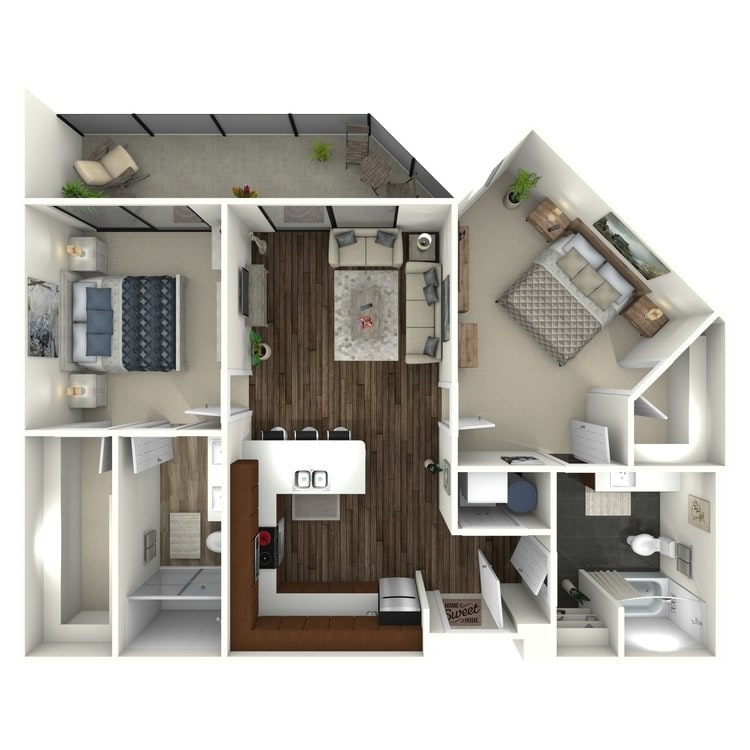 1,016 square foot two bedroom, two bath apartment home - 2B1 UPTOWN