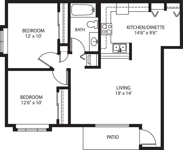 Floor Plan - Rivershire - 2 Bed, 1 Bath Lower