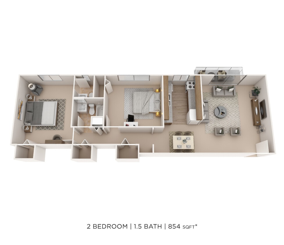 Floor Plan - Two Bedroom 1.5 Bath- 854 sqft