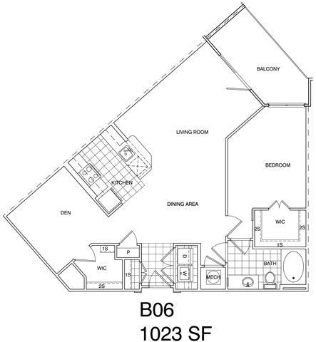 Floor Plan - 1 Bedroom + Den, 1 Bath 1023 SF B6
