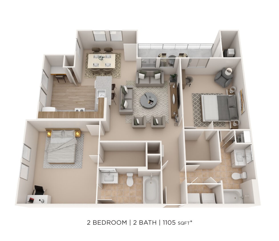 Floor Plan - Two Bedroom 2 Bath-1105 sqft