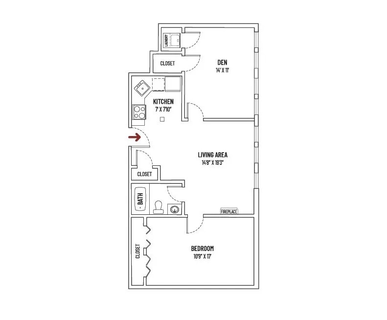 Floor Plan - 1BR, 1BA+Den+HC
