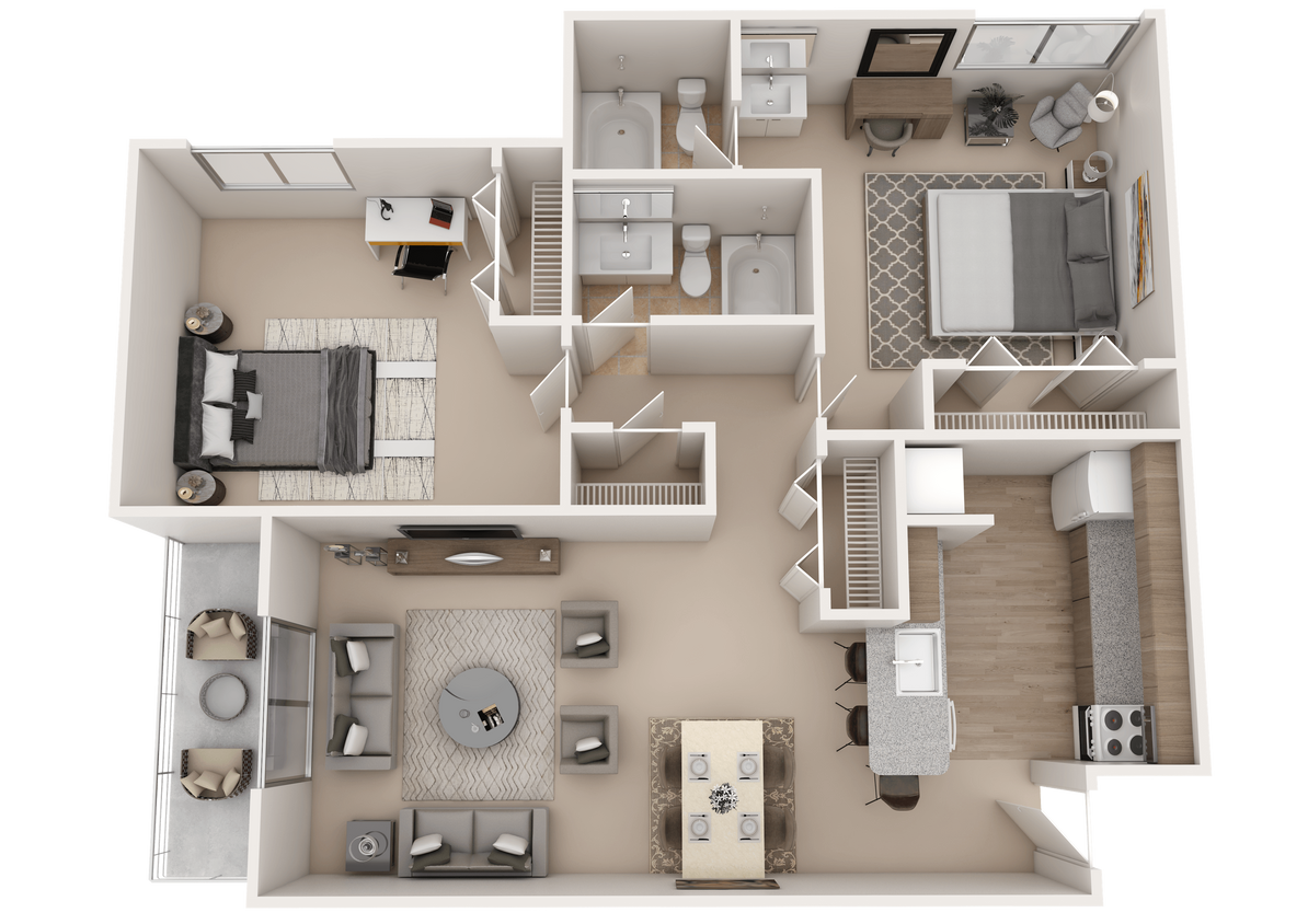Floor Plan - Two Bedroom 2 Bath - 870 sqft