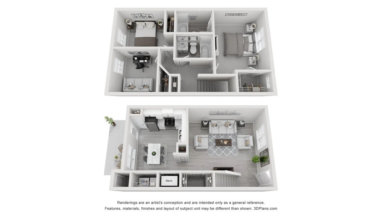 A 3D rendering of The Wessinger, our 3 bedroom 2 bathroom floor plan - The Wessinger