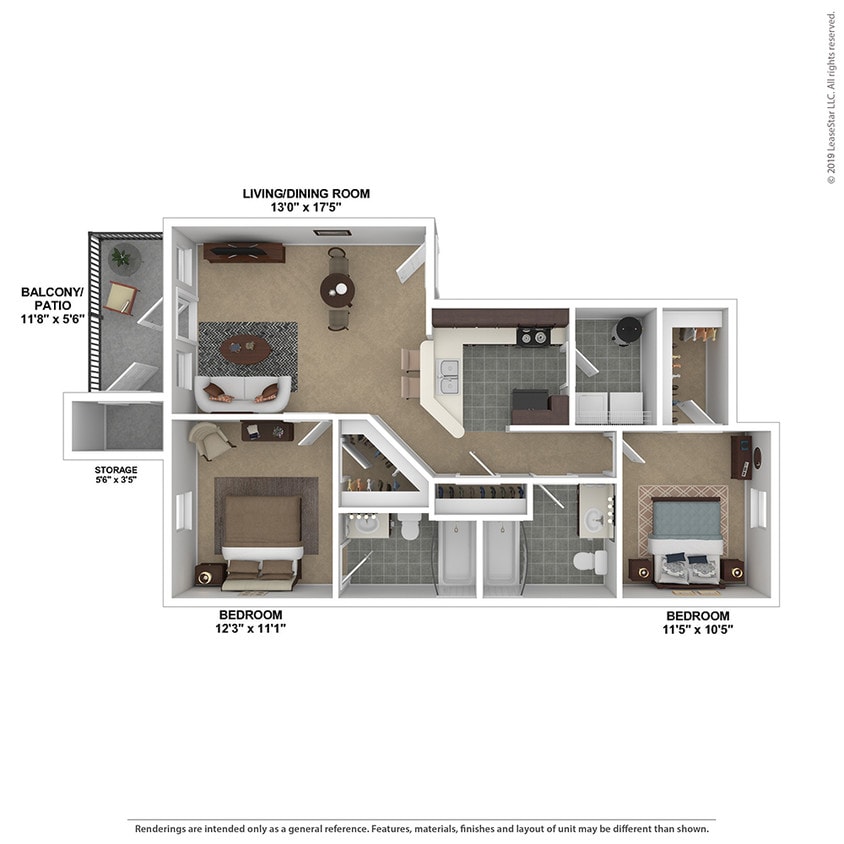 Floor Plan - 2 Bedroom, 2 Bath 964 sq. ft. - Barksdale