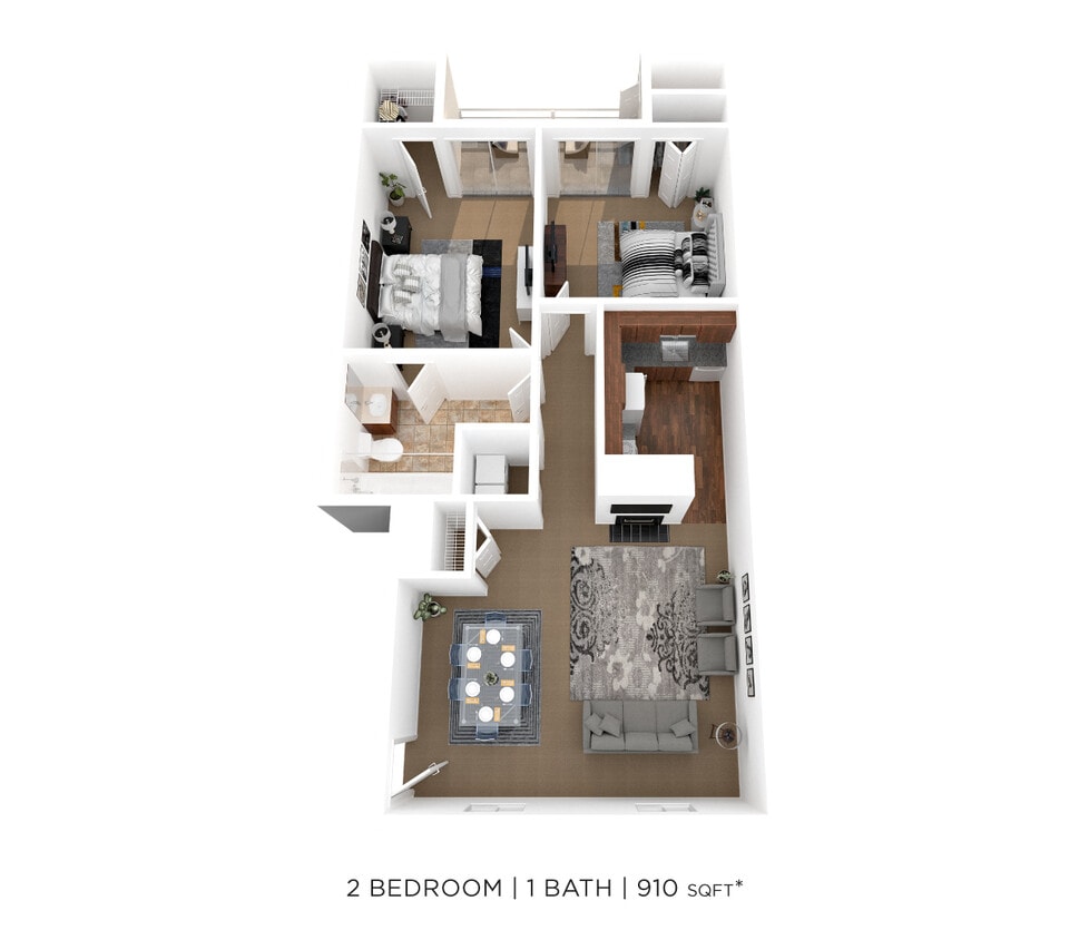 Floor Plan - Two Bedroom 1 Bath - 910 sqft