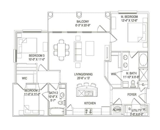 Floor Plan - 3BR 2BA (1348 SF)