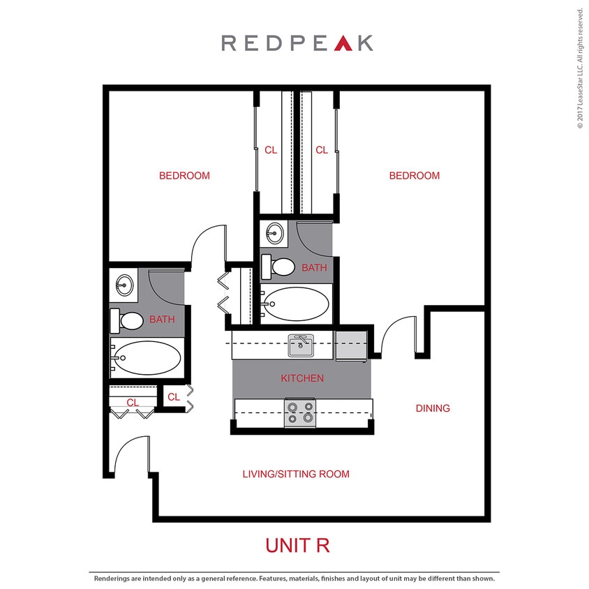 Floor Plan - B3 - 2 Bed / 2 Bath (905 sf)