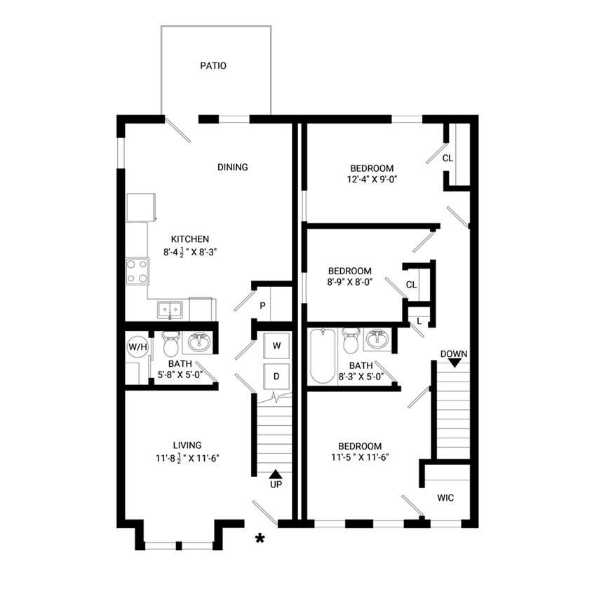 Floor Plan - The Pixie - Spacious Three Bedroom Townhome