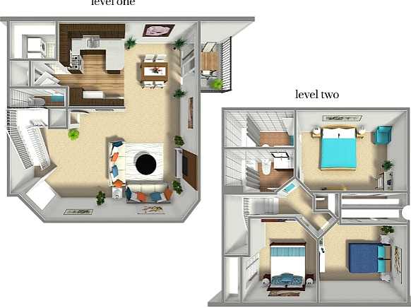 Detailed 3D floor plan showcasing two levels with a modern kitchen, open living area, and three bedrooms. - Elevated Wildflower Townhomes