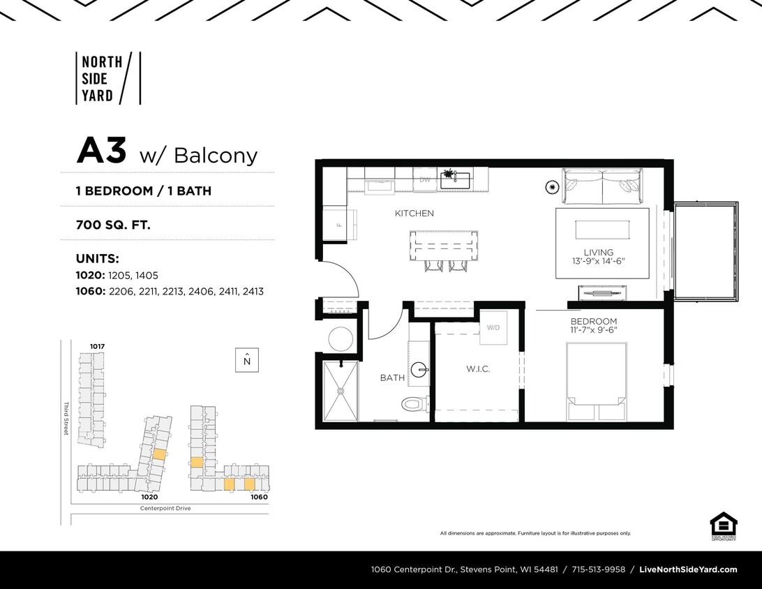 Floor Plan - A3 - 1 Bed / 1 Bath
