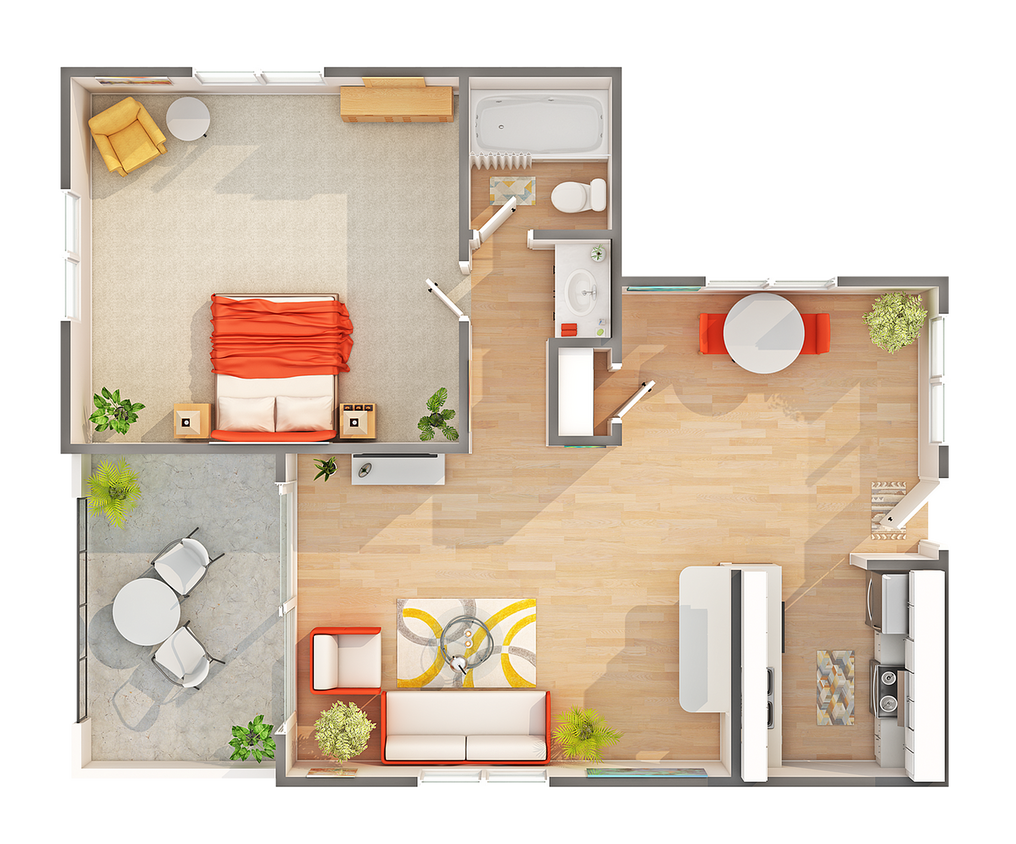 1BR x 1BA with North or South View Floorplan - 1 BR x 1 BA with North or South View