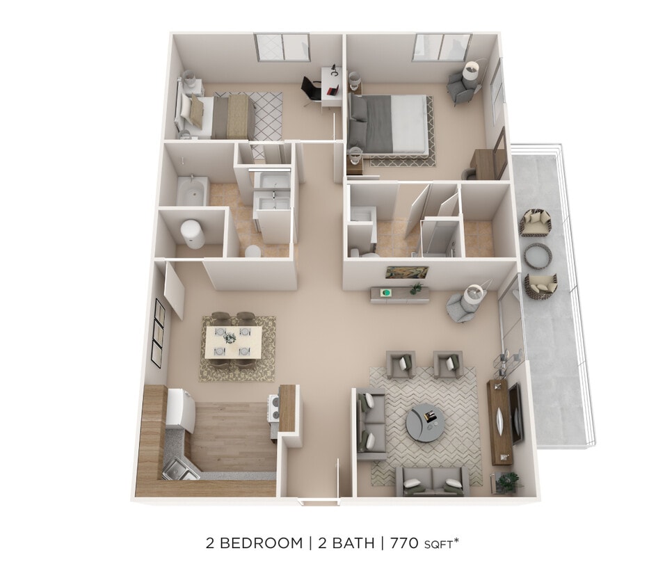 Floor Plan - Two Bedroom 2 Bath- 770 sqft
