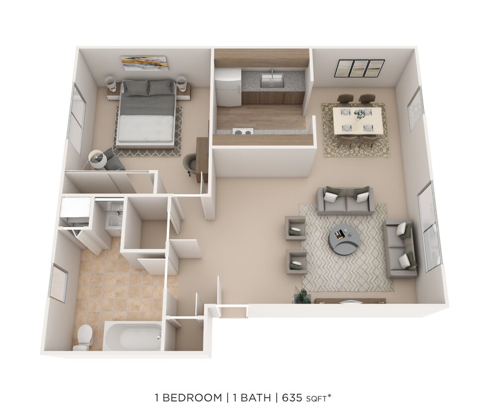 Floor Plan - One Bedroom - 635 sqft