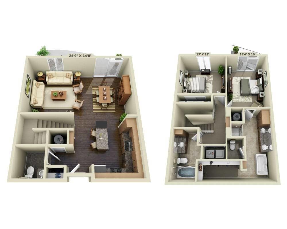 Floor Plan - Two Bedroom Townhome B2.5ATH