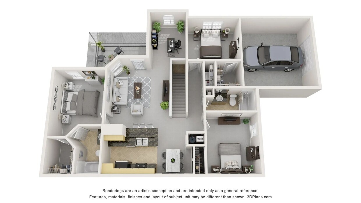 A 3D floor plan rendering of The Viera with Garage. - The Viera with Garage