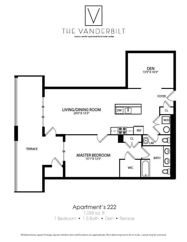 Floor Plan - 1 Bed - 1.5 Bath - Den - Terrace