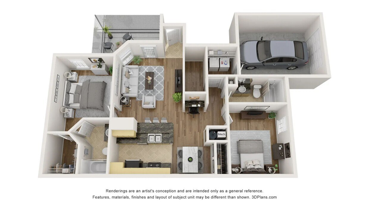 A 3D floor plan rendering of The Venetian with Garage. - The Venetian