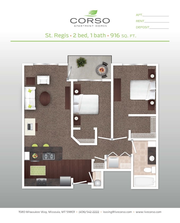 Floor Plan - 2BR x 1BA - St. Regis
