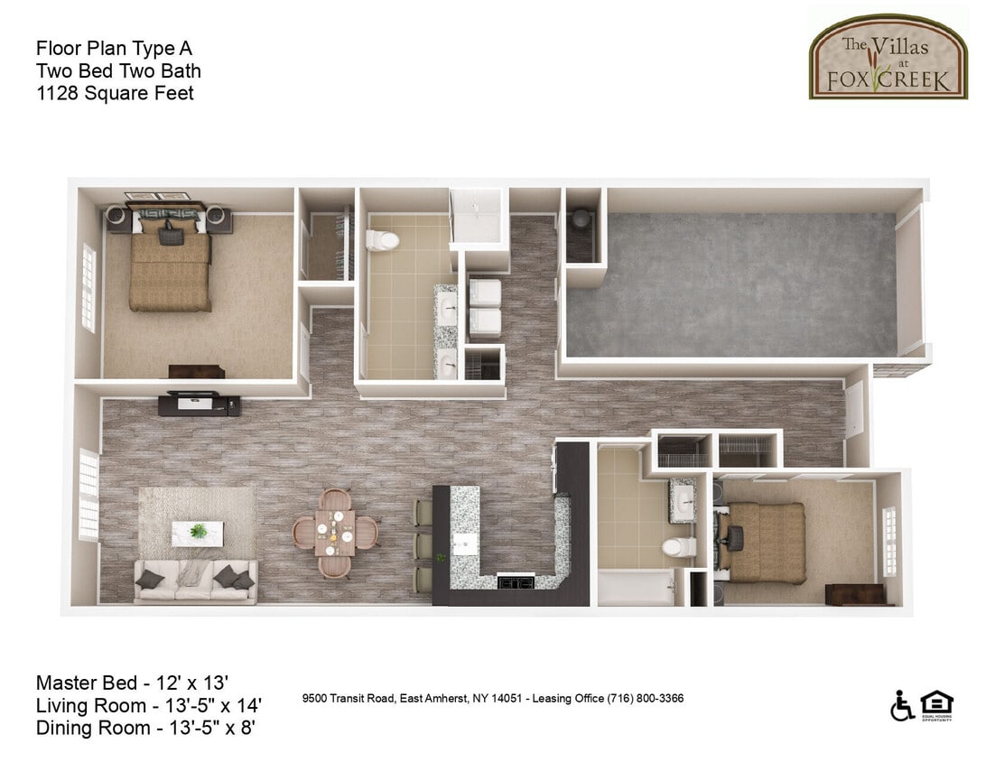 Floor Plan - Interior Villa - 2 Bed, 2 Bath - 1128 Square Feet