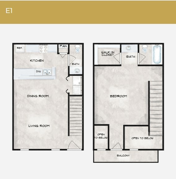 E1 Floor Plan - 1 Bedroom 1.5 Bathroom