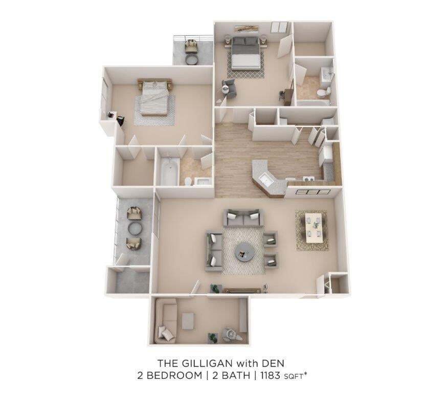 Floor Plan - Two Bedroom 2 Bath w/Den-1183 sqft