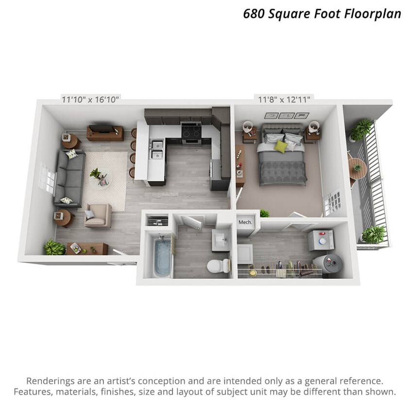 Floor Plan - 1 Bedroom Second Level - 680sf