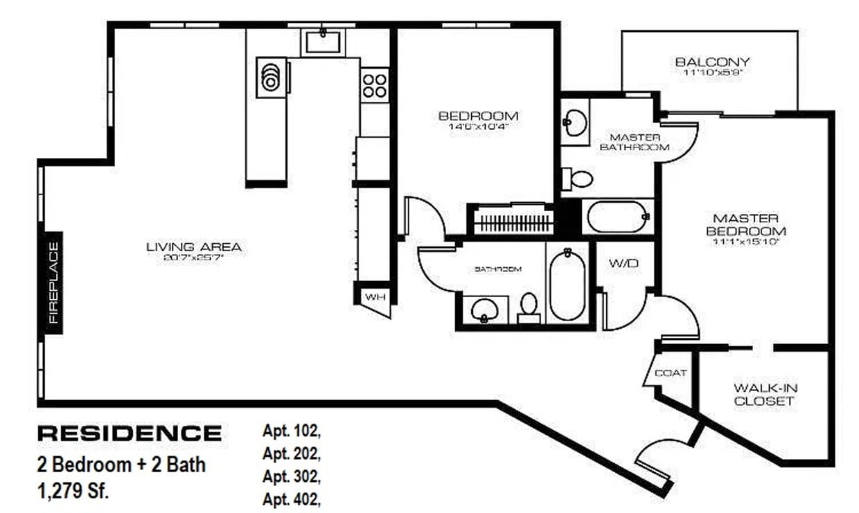 Floor Plan - 2B+2B  1,279Sf.  