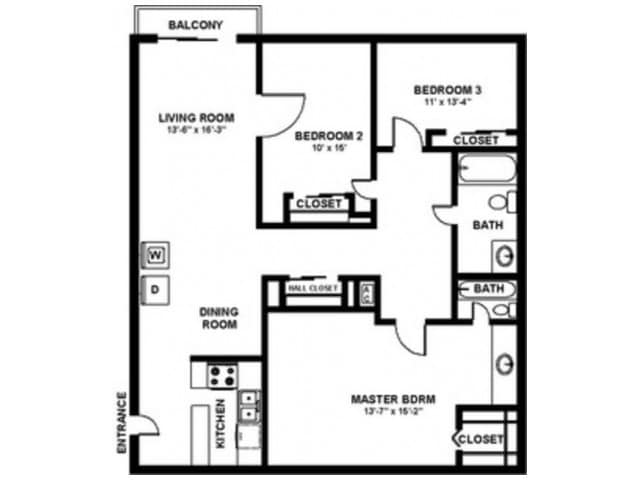 3 Bedroom 2 Bath - 1120 sf - Three Bedroom