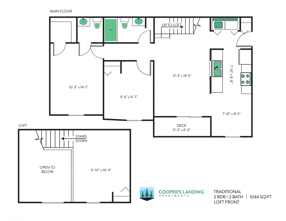 Floor Plan - 2 Bed, 1.5 Bath Loft - 1044 sq ft