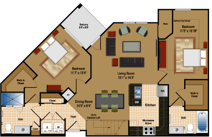 Floor Plan - 2 Bed, 2 Bath 1090 SF B5