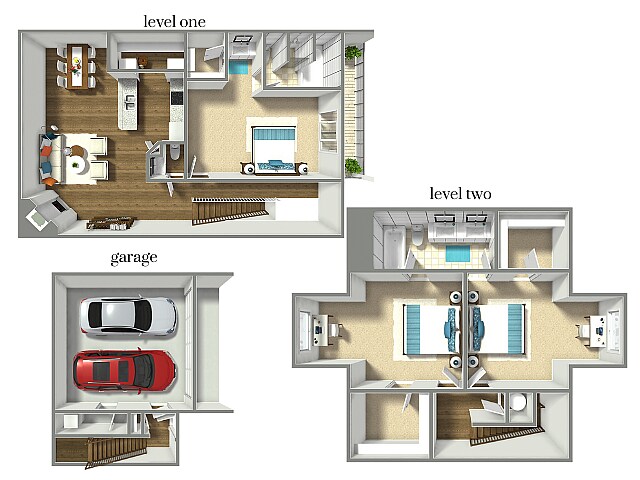 Detailed 3D floor plan of a duplex with garage, featuring three bedrooms, open living area, and modern amenities. - Tribune Townhome