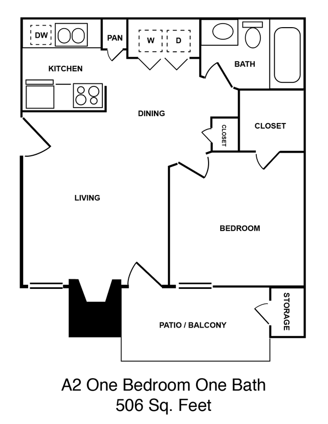 Floor Plan - A2 One Bedroom, One Bath