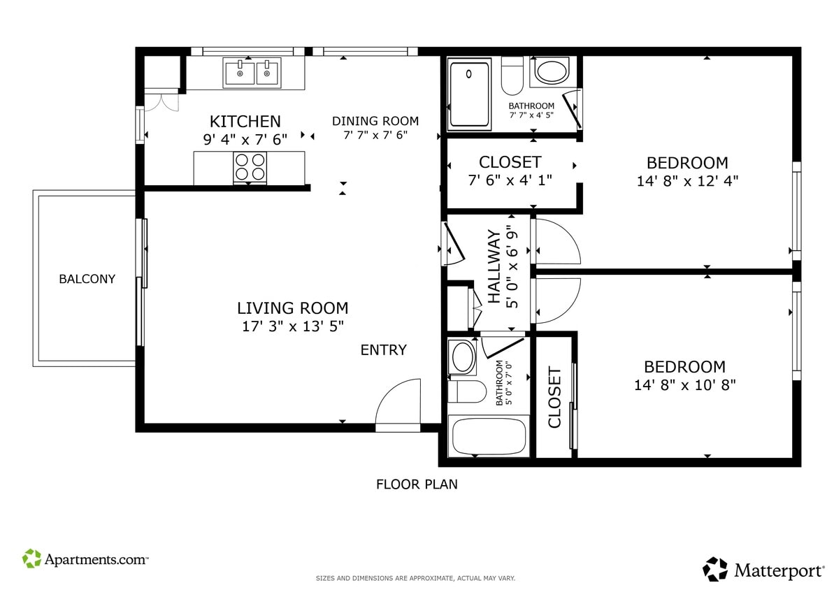 2BR, 2BA - 950SF - Floor Plan - 2 Bedroom- Upstairs/No Patio