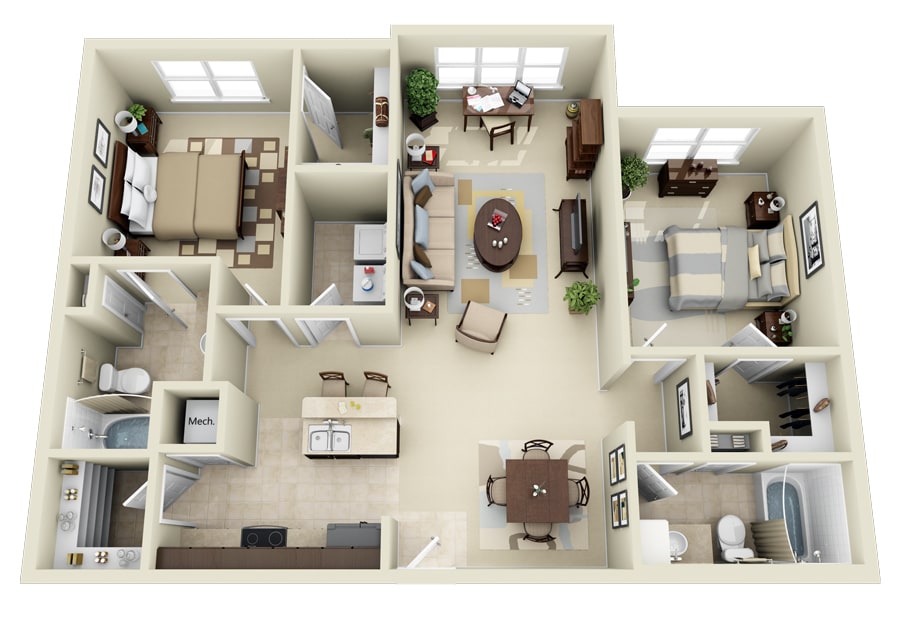 Floor Plan - B2.R 2 Bedroom 2 Bath Renovated