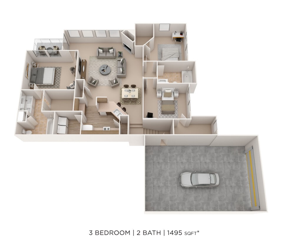 Floor Plan - Three Bedroom 2 Bath- 1495 sqft