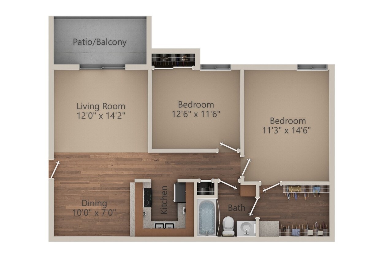 Floor Plan - 2 Bed 1 Bath (900 sq ft)