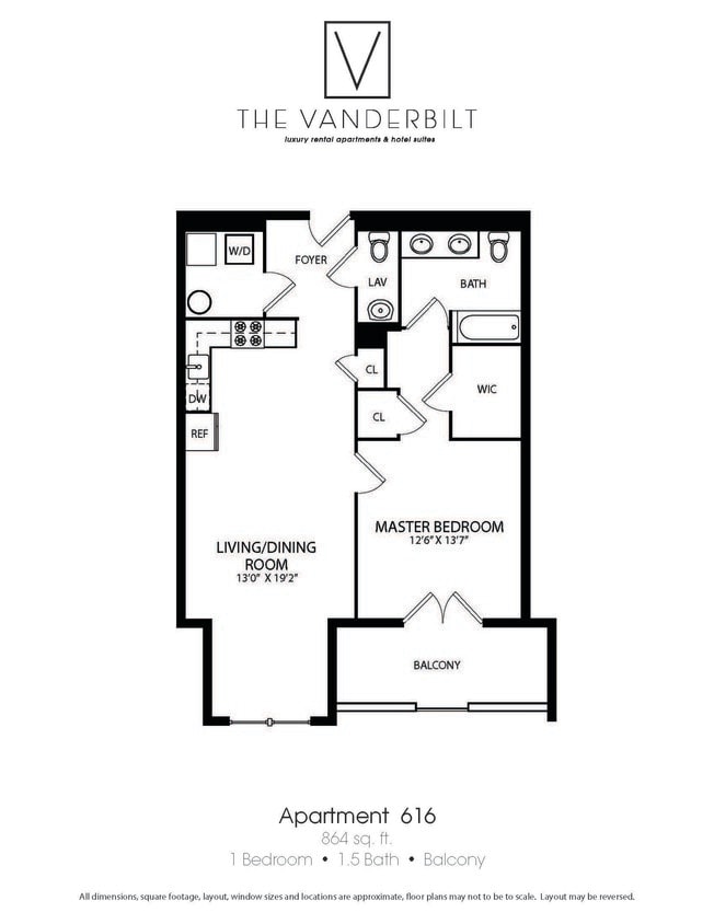 Floor Plan - 1 Bed - 1.5 Bath - Balcony