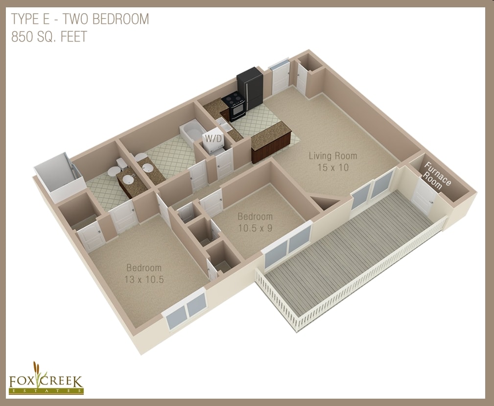 Type E - Estates - 2 Bed, 2 Bath - 850 Square Feet