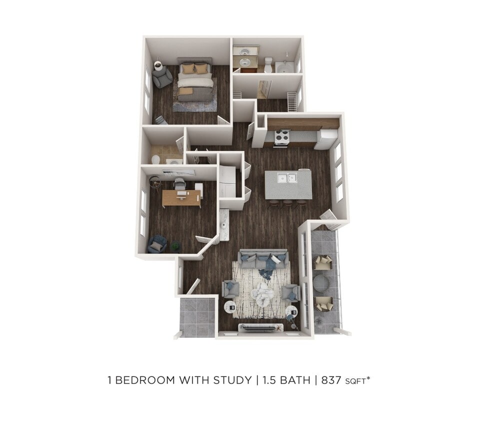 Floor Plan - One Bedroom 1.5 Bath Townhome