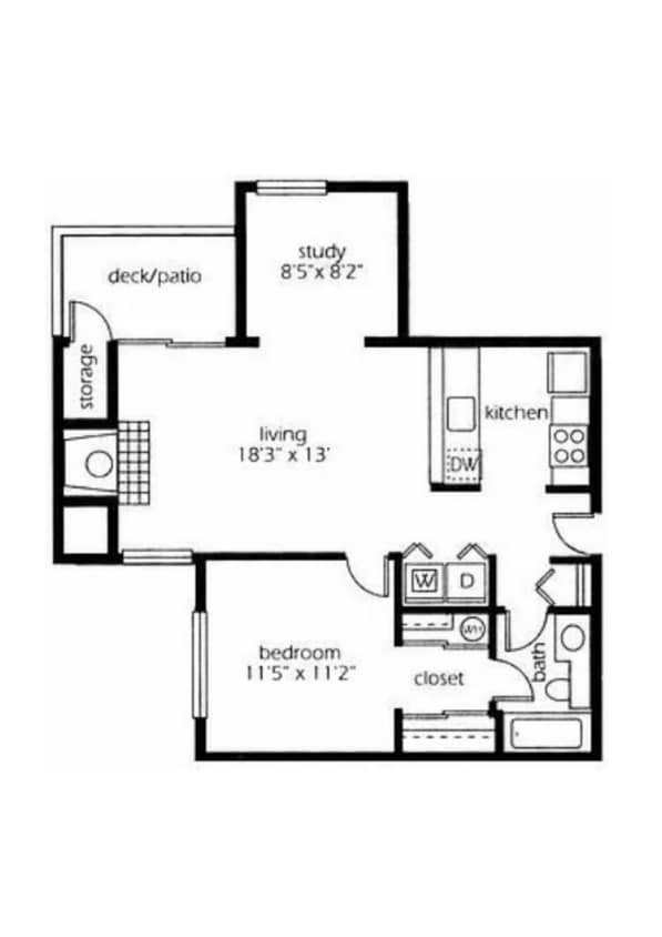 1 Bed 1 Bath Floor Plan with Den - A2