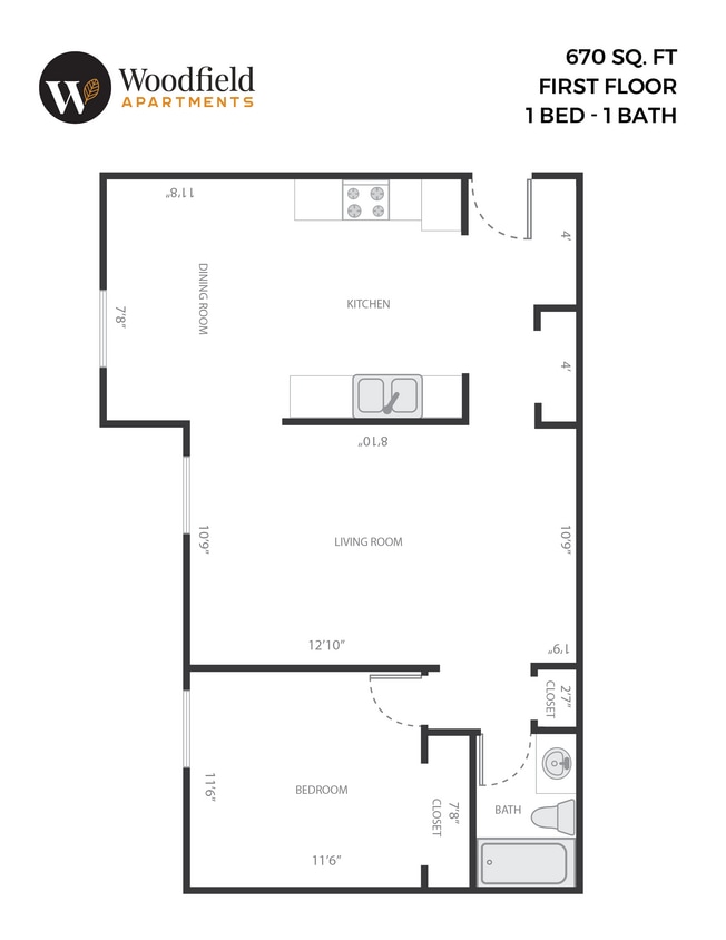 Floor Plan - 1 Bed, 1 Bath - 670 sq ft