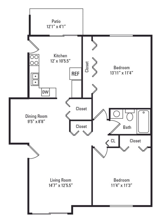 Floor Plan - 2 Bed 1 Bath B