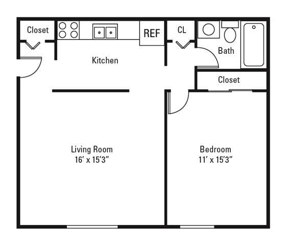 Floor Plan - 1 Bedroom, 1 Bath 640 sq. ft.