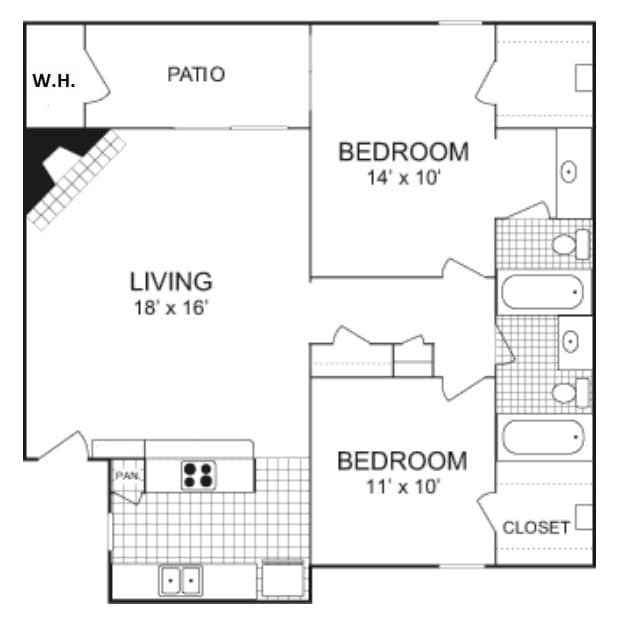 B1: two bed/two bath, 950 sq.ft. - B1