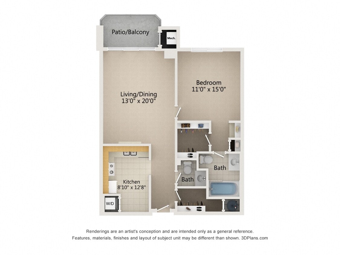 Floor Plan - 1 Bedroom 1.5 Bath  Type A