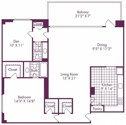 Floor Plan - 1 Bedroom + Den, 1.5 Bath 1100 SF A15